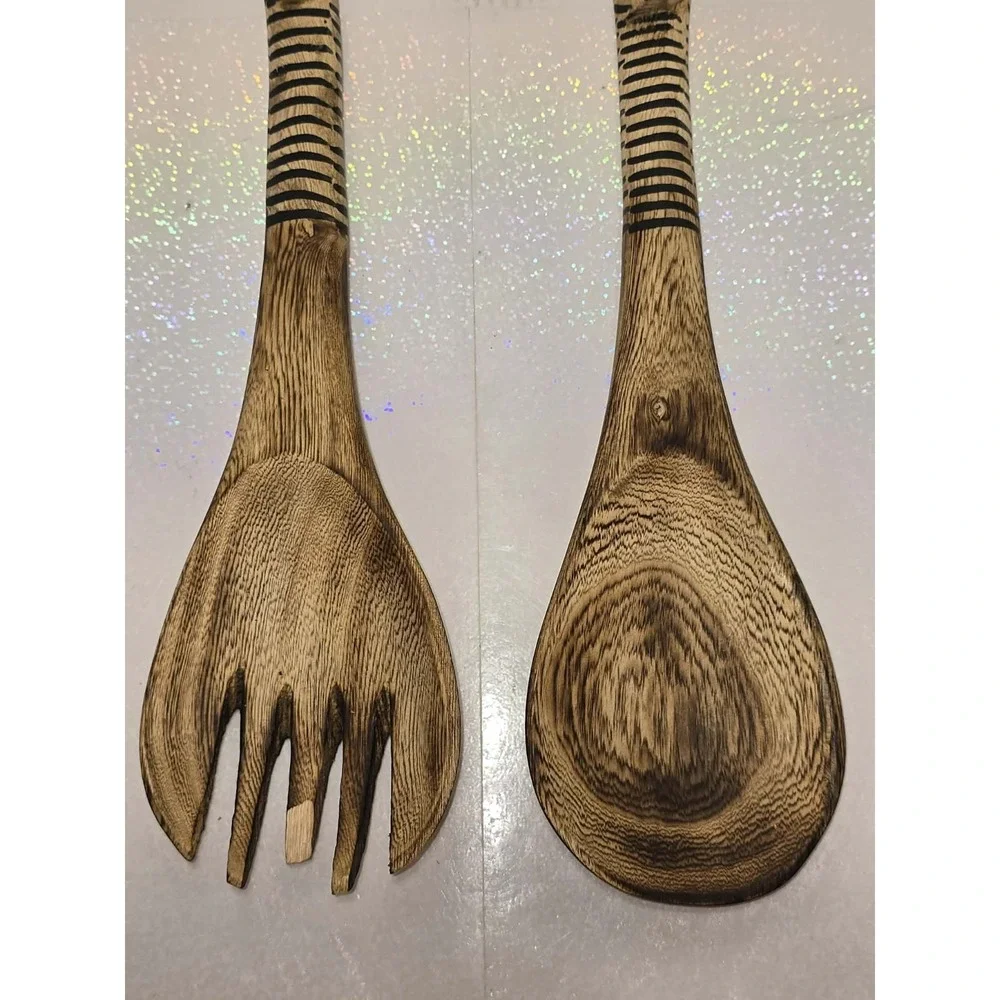 🦓 Vintage‎ Hand Carved Zebra Wood Salad Server Set – Rustic Safari 🦓